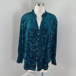 Anne Klein Womens Large Teal Floral Velvet Burnout Button Up Blouse Ruffle